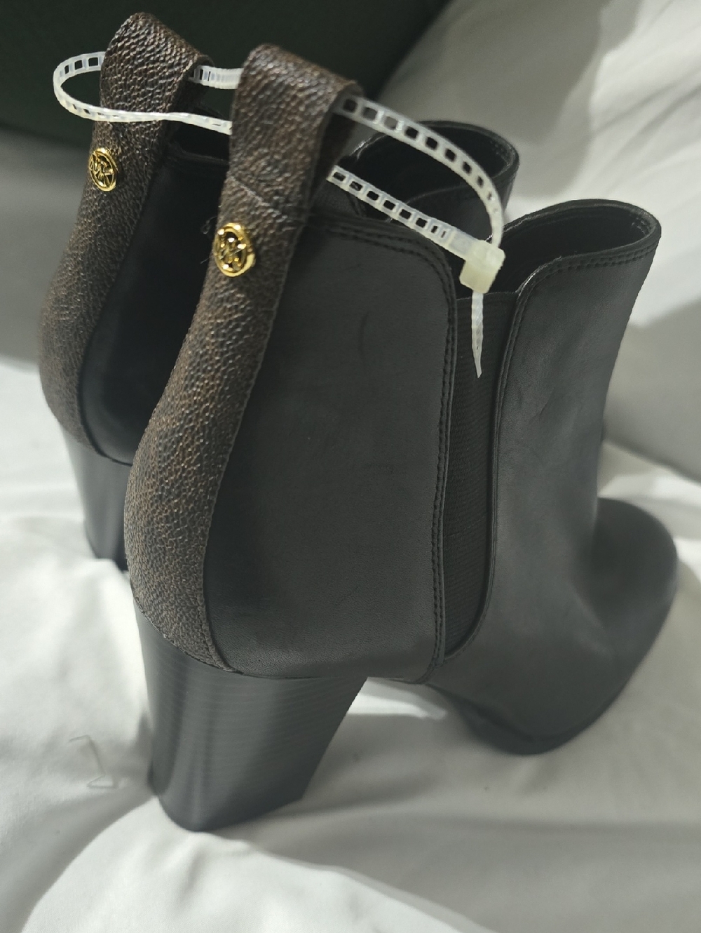 Michael Kors Black Leather Ankle Boots with Brown Logo Pull Tabs